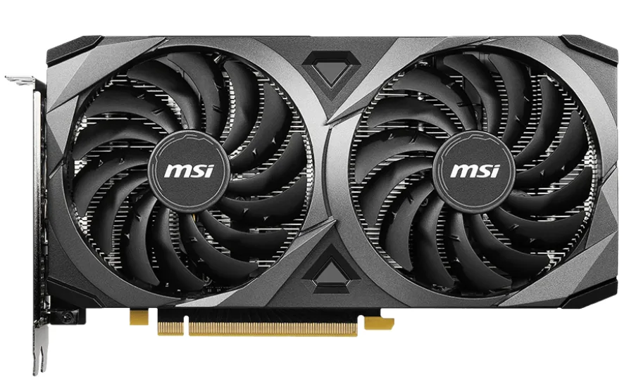 Gray dual-fan graphics card, compact ATX length