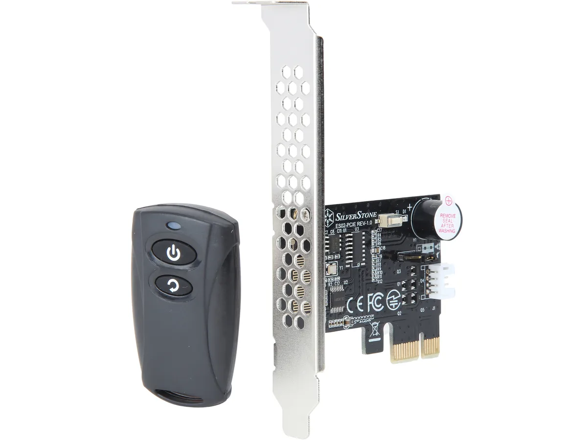 Small green PCIe card with antenna, separate remote and Y-cable included