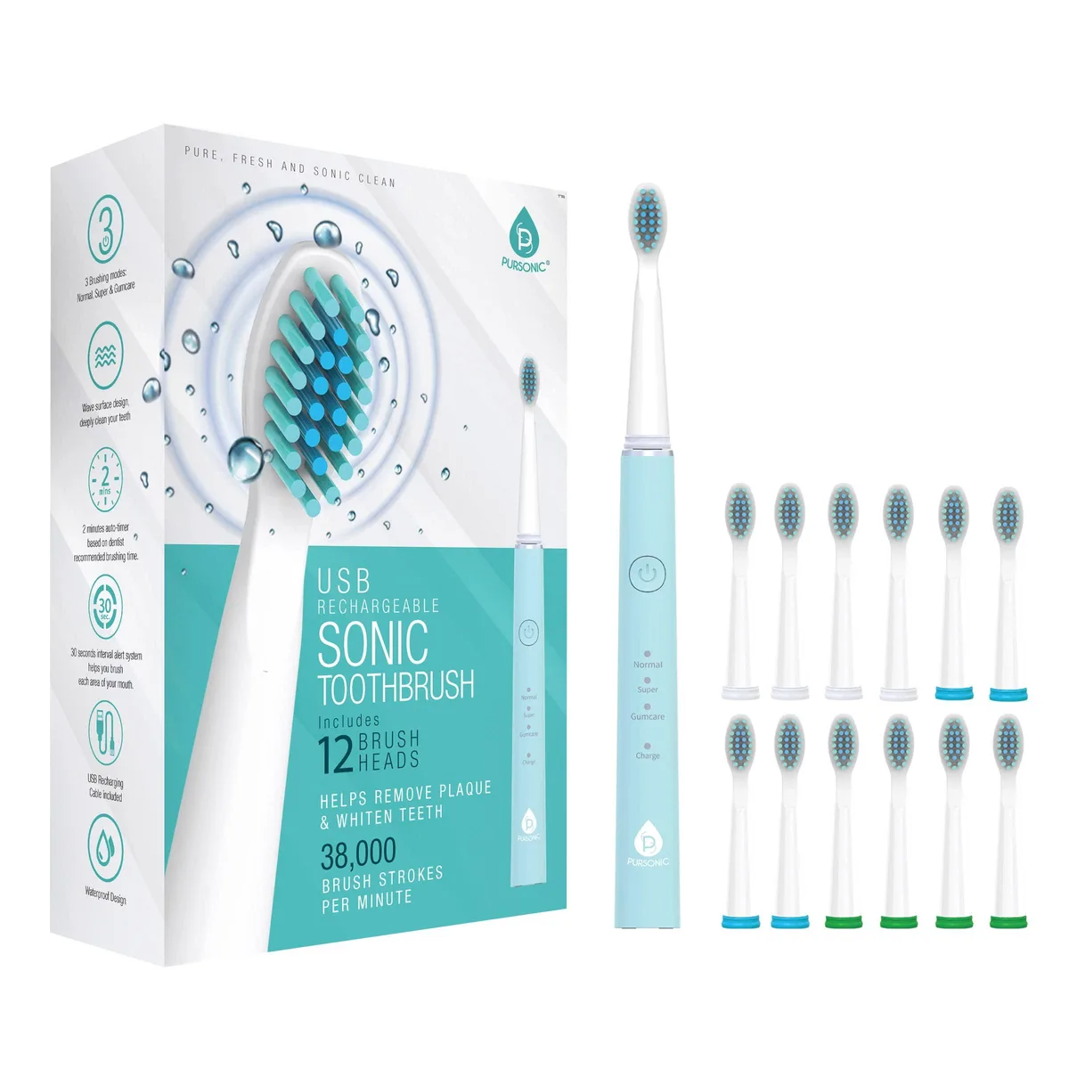  Pursonic TBUSB200-12 Sonic Toothbrush 12 Heads Green — product photo