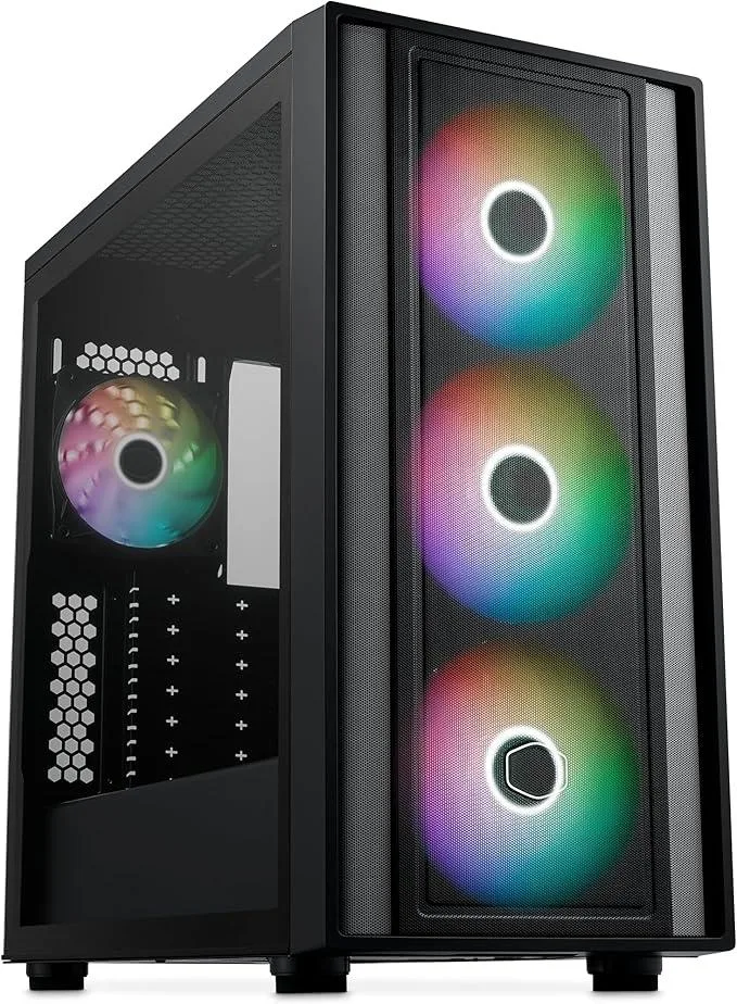 Black mid-tower ATX case with a rectangular steel chassis and matte finish