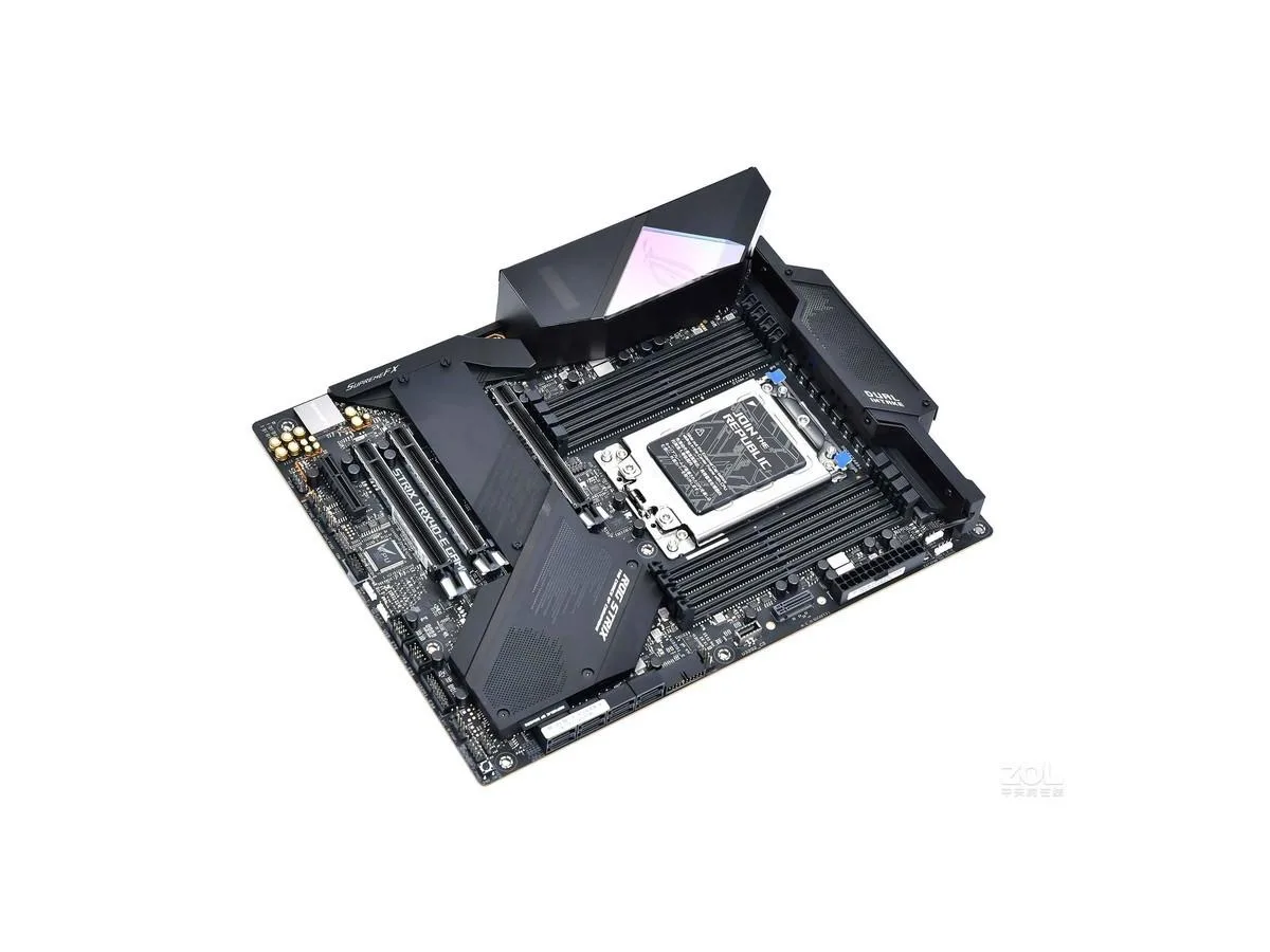 Black ATX motherboard with grey heatsinks and ROG branding