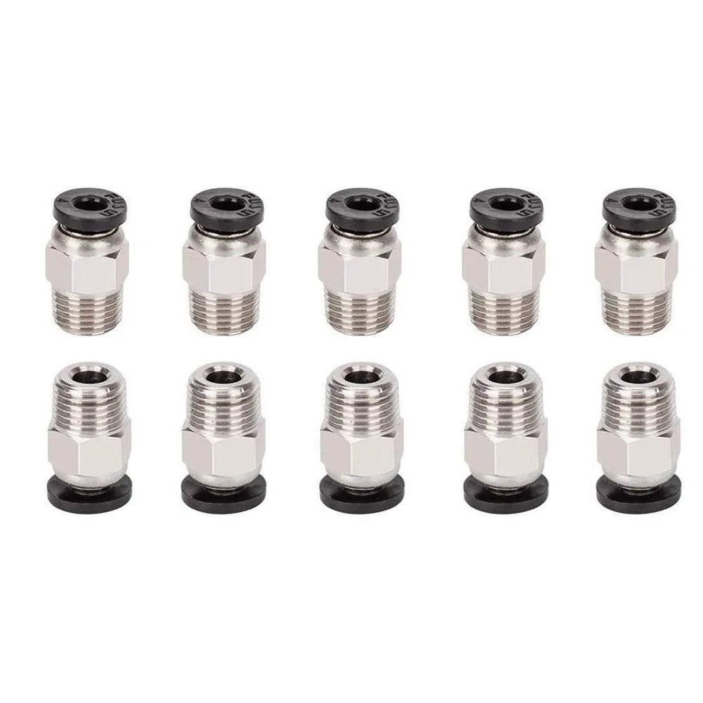 Ten blue PTFE tubes with brass and steel push-fit connectors on a light background