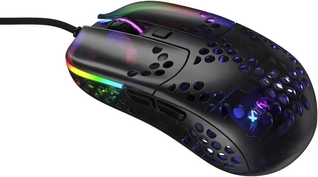 Ultra-light gaming mouse with perforated black shell and transparent base showing internal components