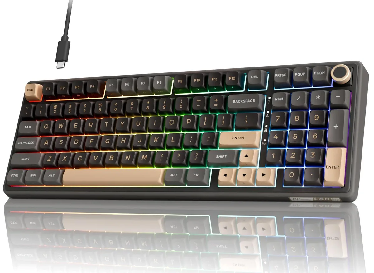 Black 96% mechanical keyboard with volume knob and RGB backlighting