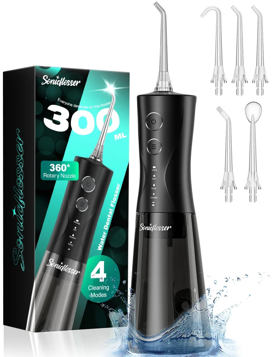  Sonicflosser Water Flosser Black 300ML 11 Pressure Settings 4 Modes 5 Tips IPX7 — foto produk