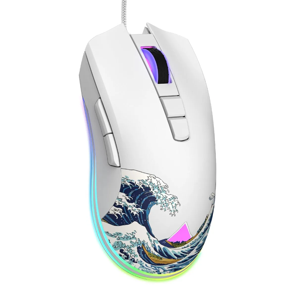 White wired gaming mouse with side buttons and braided cable