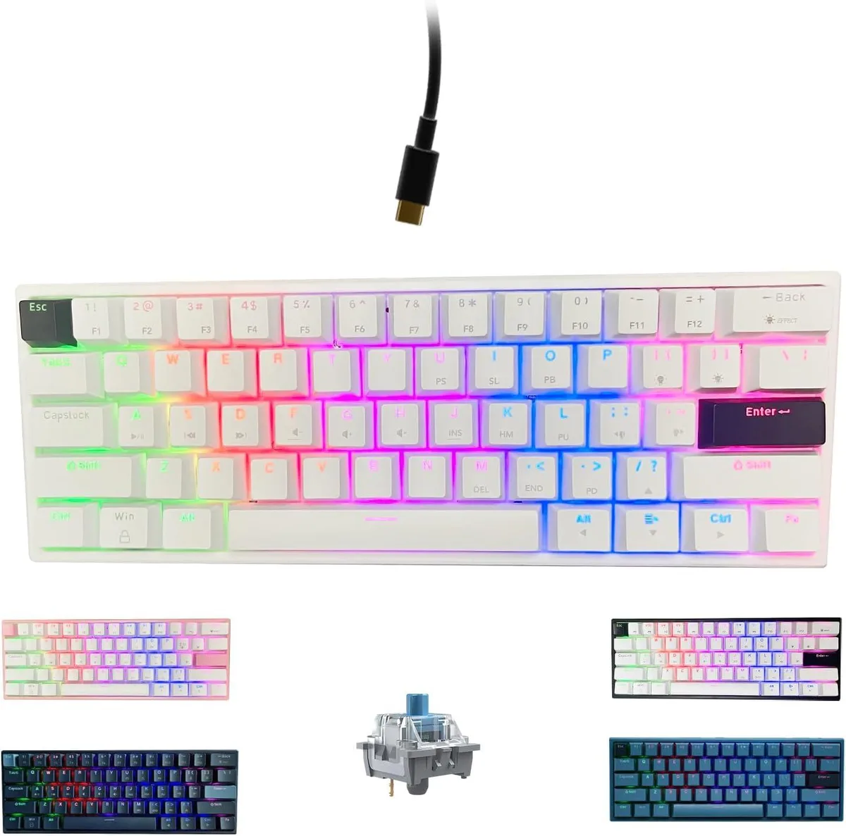 White and black compact 60 percent mechanical keyboard with 61 keys and blue switches