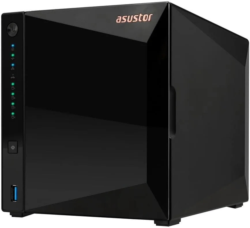 Silver four-bay desktop NAS with tool-free drive trays