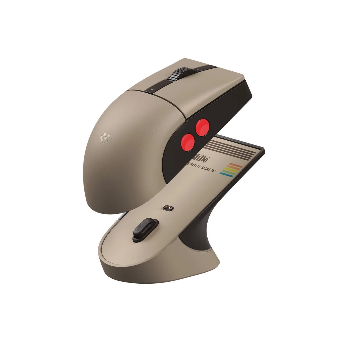 8Bitdo C64 Edition wireless mouse in beige with matching charging dock