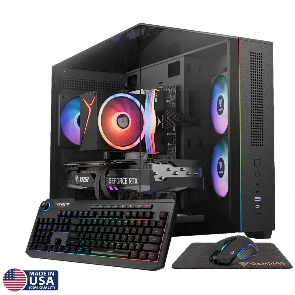 Mid-tower gaming PC with RGB lighting and tempered glass side panel