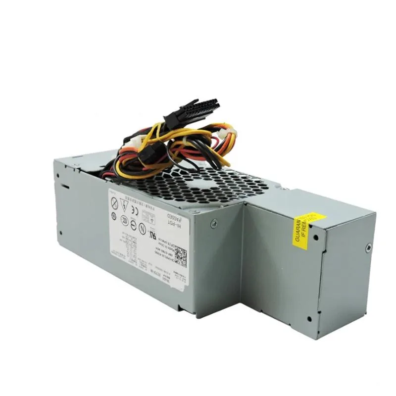 Rectangular black metal power supply unit with rear fan grille and cable bundle