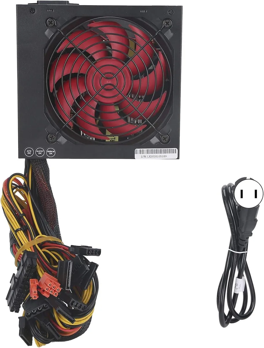 A black ATX power supply with a red 14cm fan visible through the grille