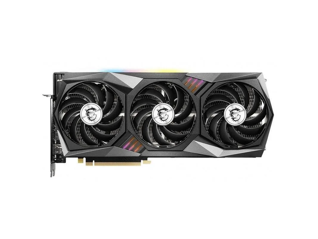 Triple-fan graphics card with silver shroud and black accents