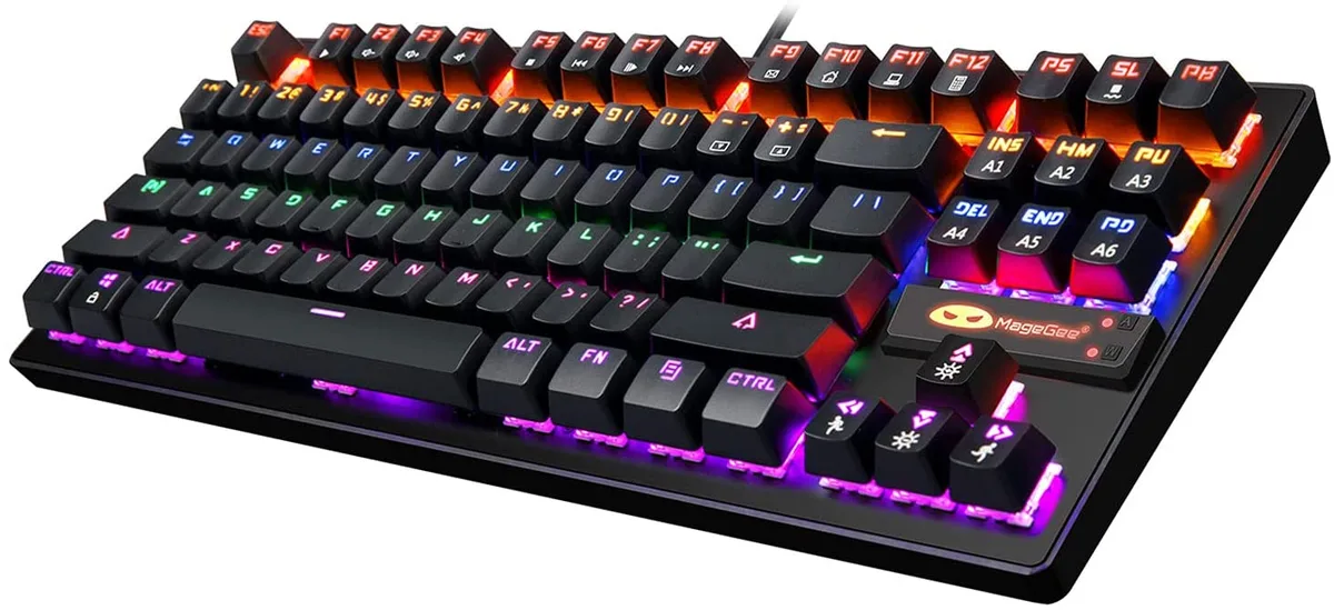 Compact black 87-key wired keyboard with RGB backlighting and integrated palm rest