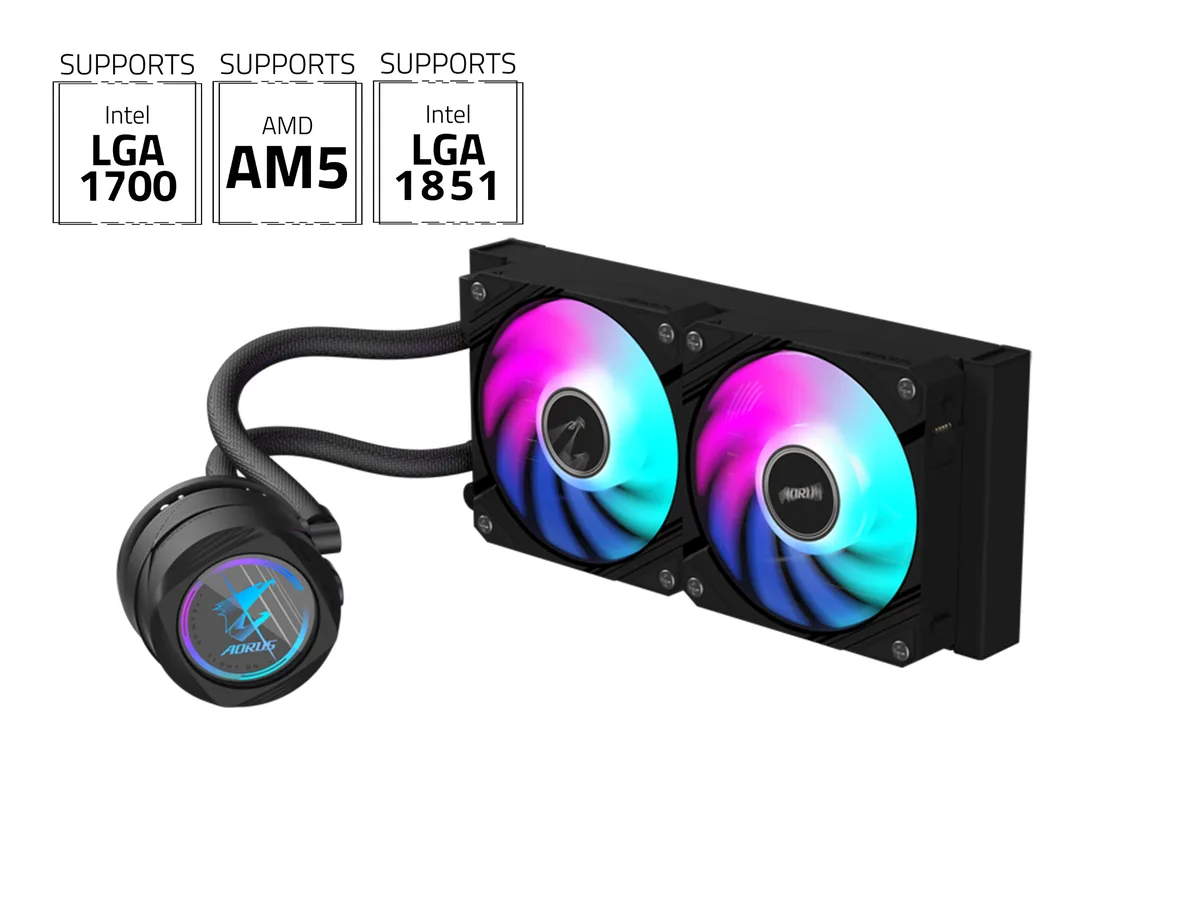 Black 240 mm radiator with two 120 mm ARGB fans and square copper water block