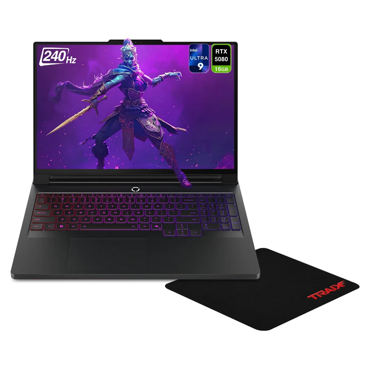 Black 16-inch gaming laptop with OLED display and RGB keyboard