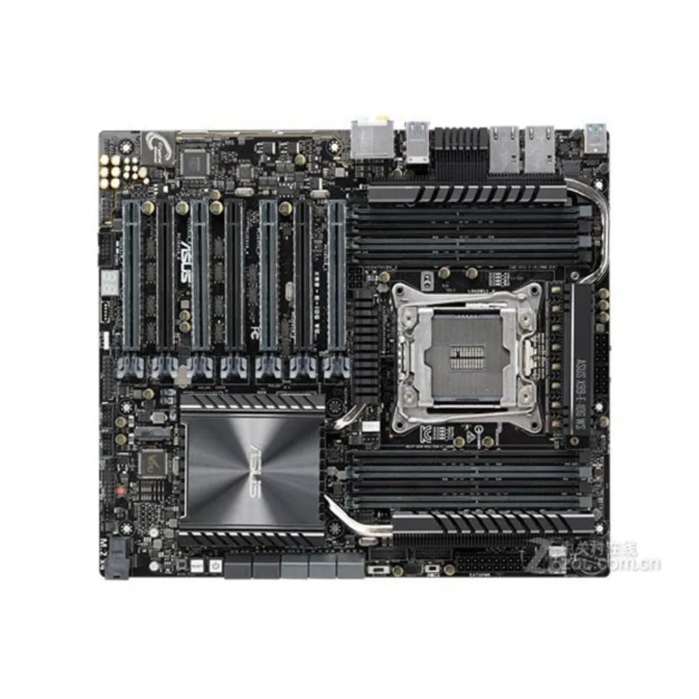 ASUS X99-E-10G WS E-ATX motherboard dark PCB metal heatsinks LGA 2011-v3 socket DDR4 slots SATA ports rear I/O shield