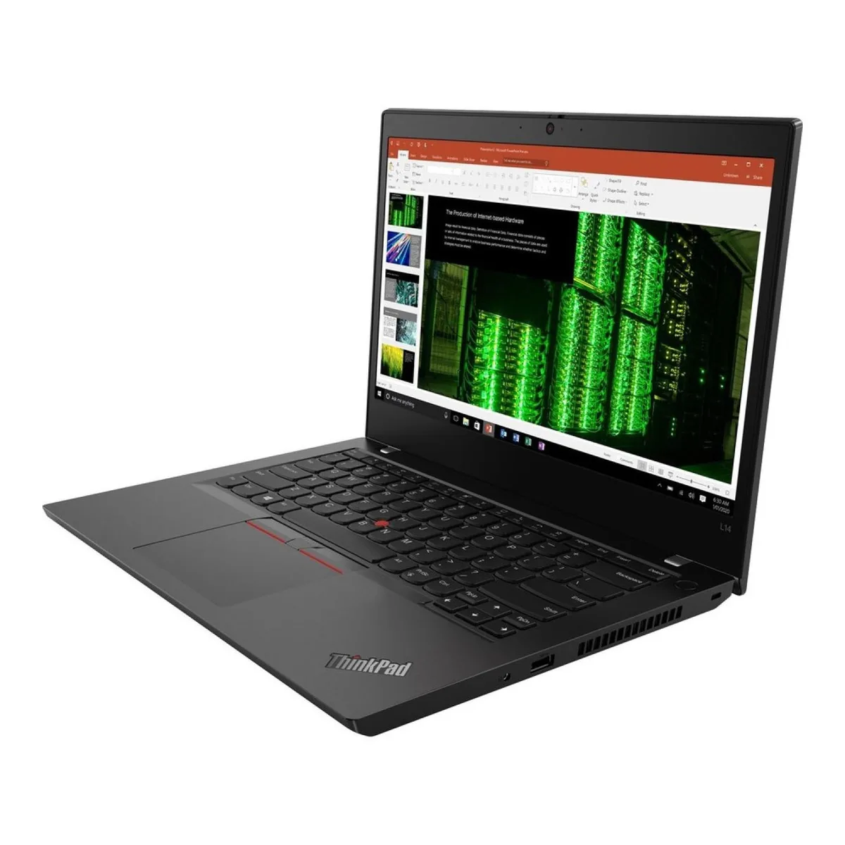 Black Lenovo ThinkPad L14 laptop, 14 inch touchscreen display, matte finish, closed lid showing logo