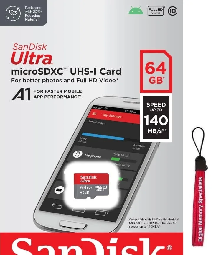 SanDisk SanDisk Ultra microSDXC 64GB 140MB/s UHS-I U1 A1 SDSQUAB-064G-GN6MN with OEM Lanyard — صورة المنتج