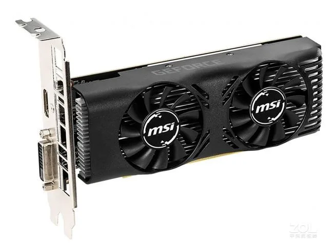 Low-profile dual-slot graphics card with black shroud, silver backplate, single fan and 6-pin power connector