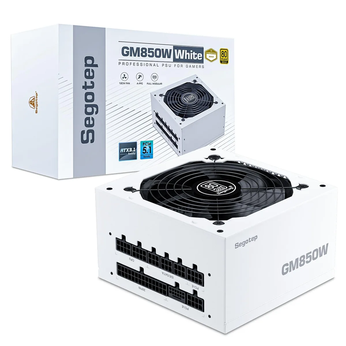 White ATX power supply unit with 120 mm fan and flat white cables