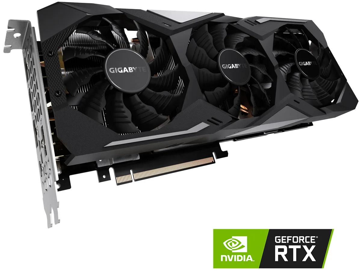 Triple-fan graphics card with silver shroud and black accents