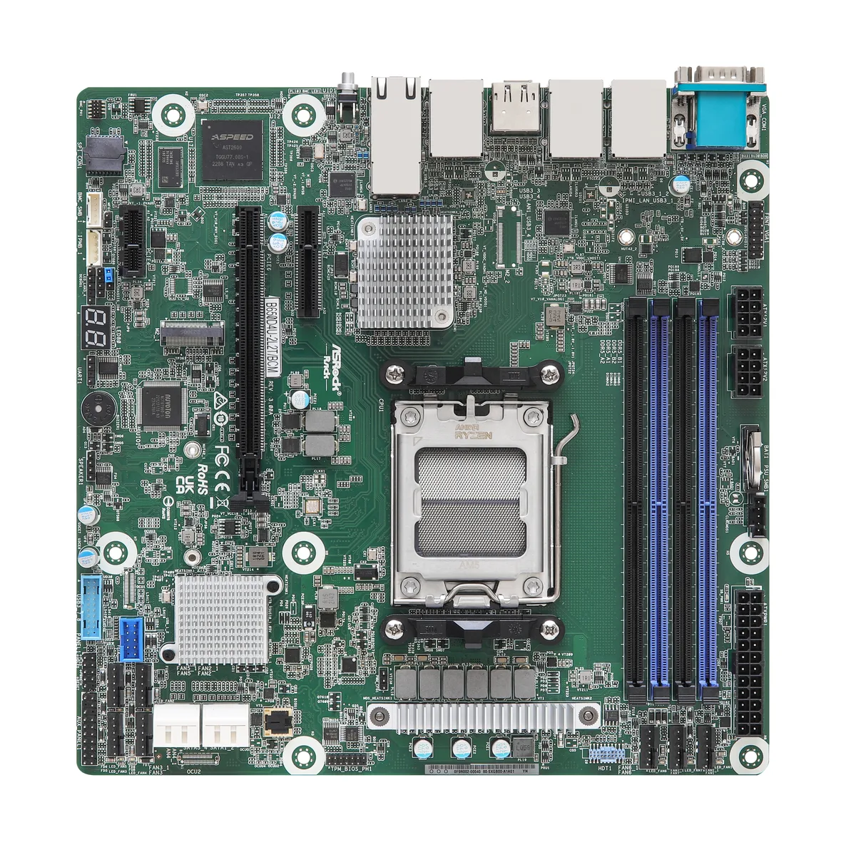 Green Micro-ATX server board with silver CPU socket, four black DDR5 slots, three PCIe slots, two 10GbE and two 1GbE RJ45 ports