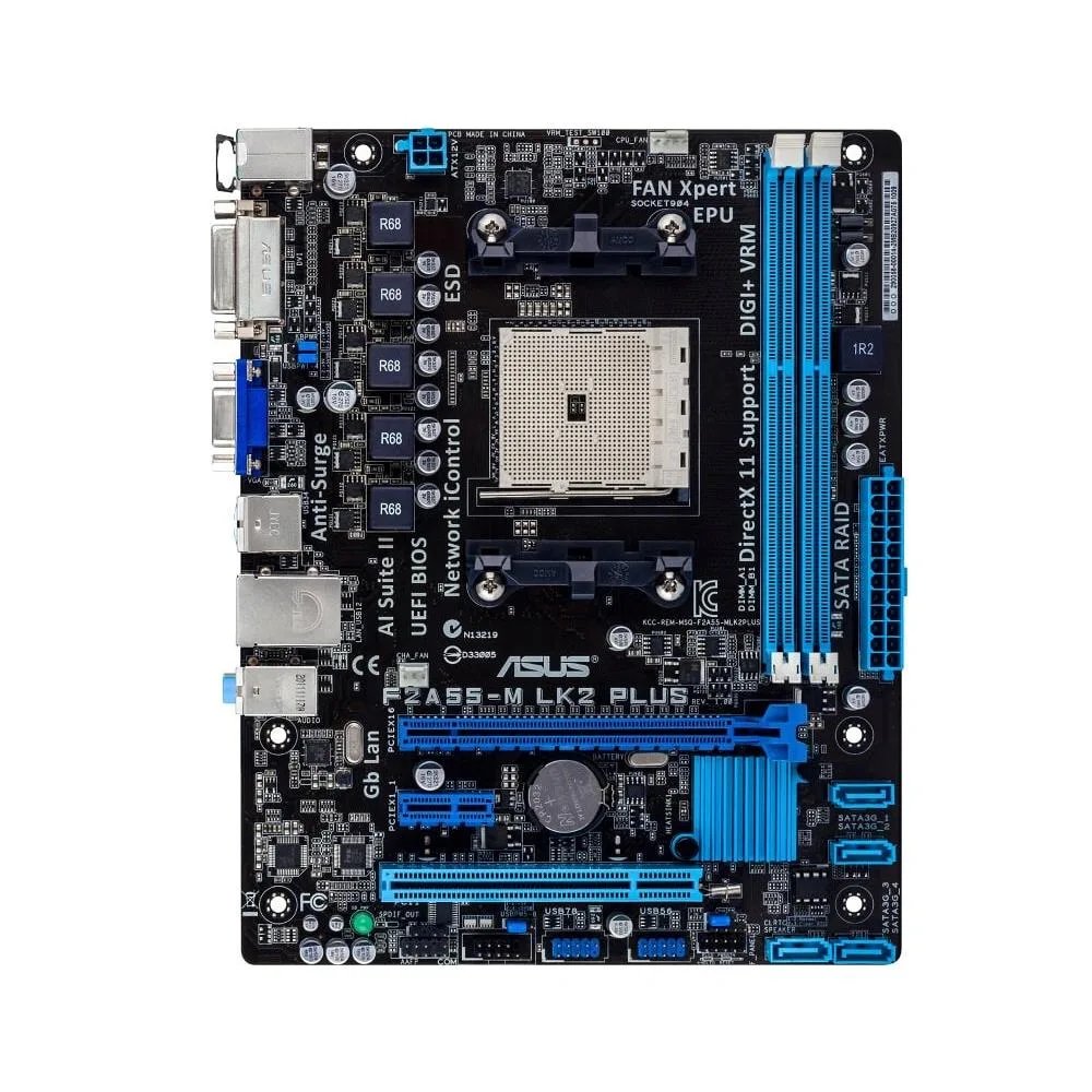 Green Micro ATX motherboard with black sockets and silver heatsinks