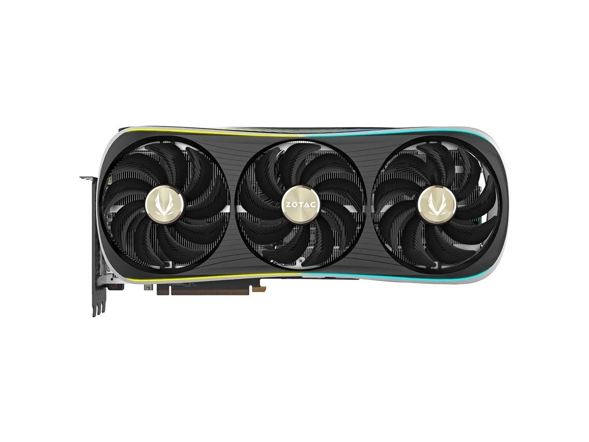 Large triple-fan graphics card with silver and black cooler, 3.5-slot thick, 356 mm long