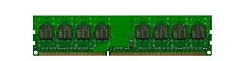 Green rectangular circuit board with gold edge connectors and black memory chips, standard desktop DIMM form factor