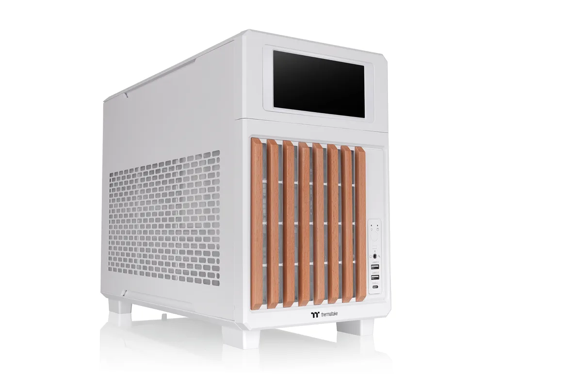Compact white micro-ATX case with wood front trim and mesh side panel