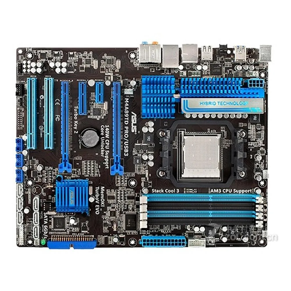ATX motherboard with black PCB, silver heatsinks, AM3 socket, four DDR3 slots, multiple expansion slots
