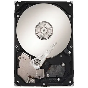 Silver 3.5 inch bare SATA hard drive with exposed circuit board