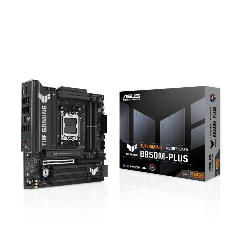 Dark grey mATX motherboard with yellow accents, large VRM heatsinks, two DDR5 slots, single PCIe x16 slot, dual M.2 shields