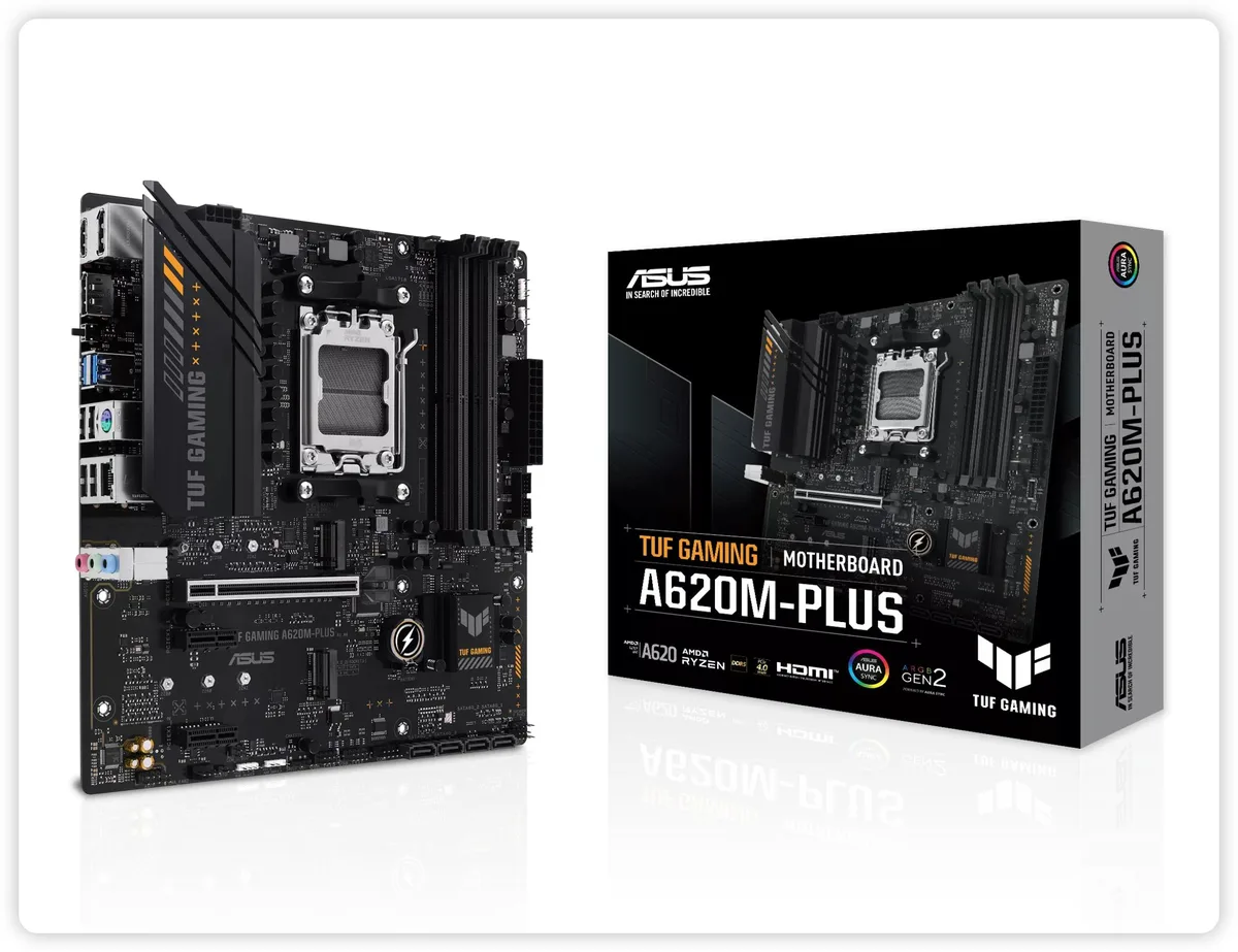 ASUS TUF GAMING A620M-PLUS micro ATX motherboard in off-black with geometric design elements