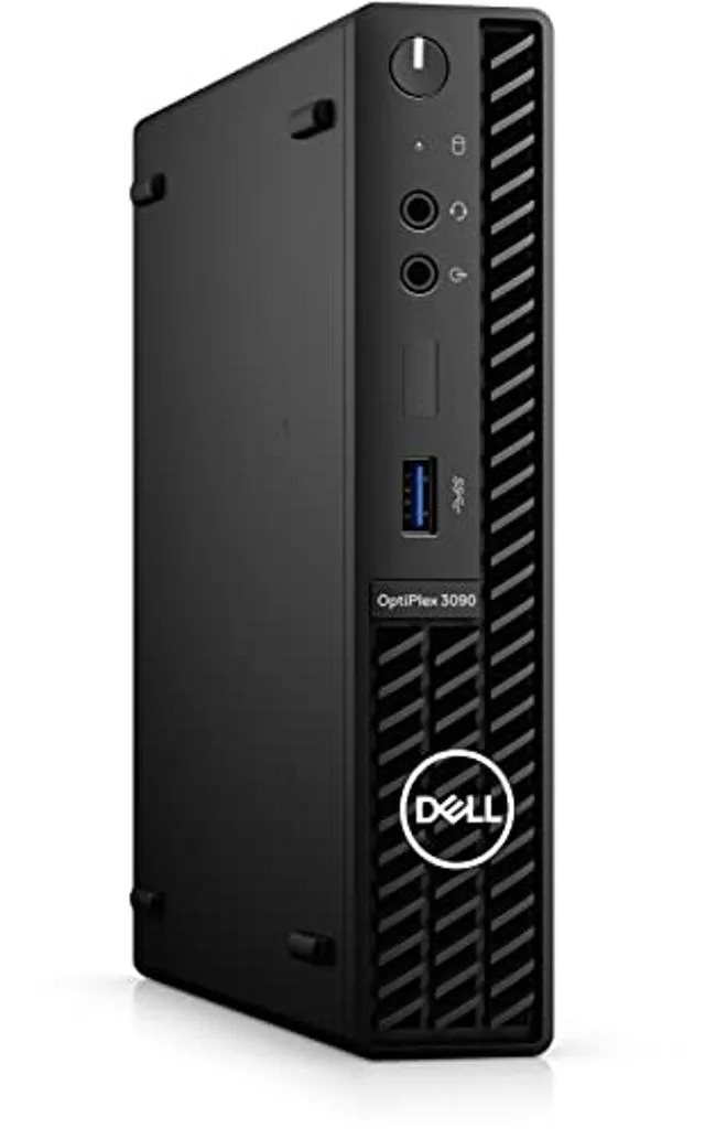 Small black square desktop computer with rounded edges, micro form factor, matte finish