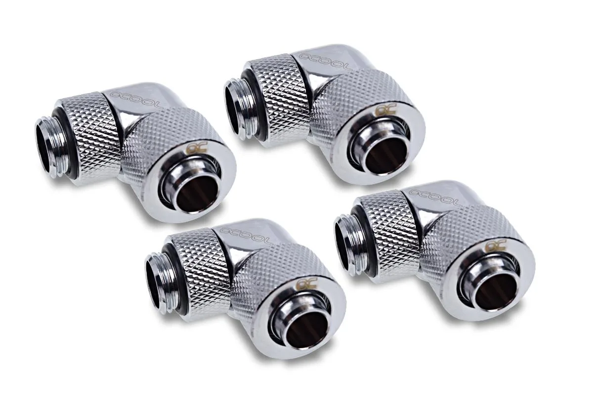 Four chrome 90-degree compression fittings with G1/4 threads and rotatable bases
