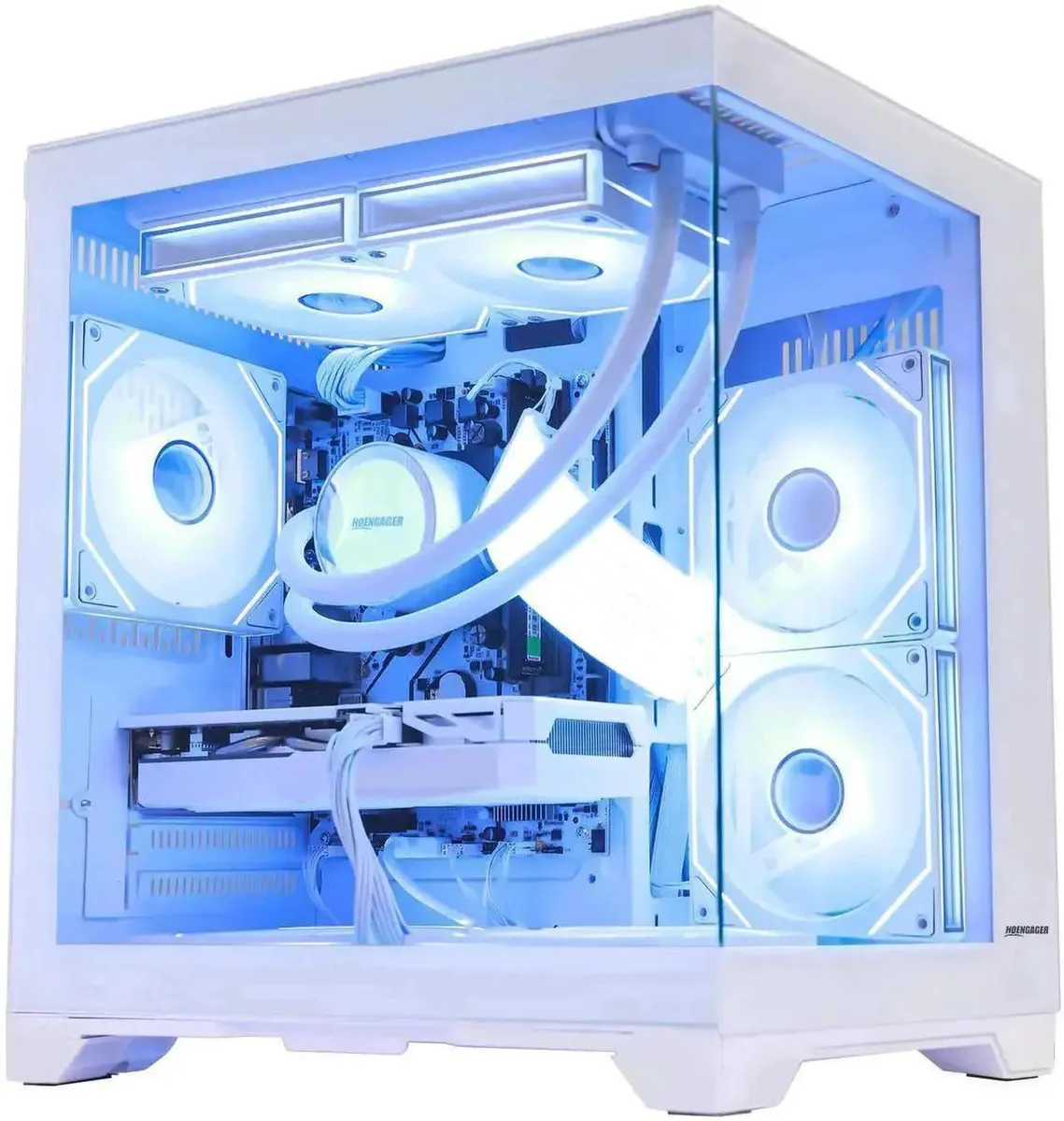White mid-tower gaming desktop with ARGB liquid cooling visible through side panel