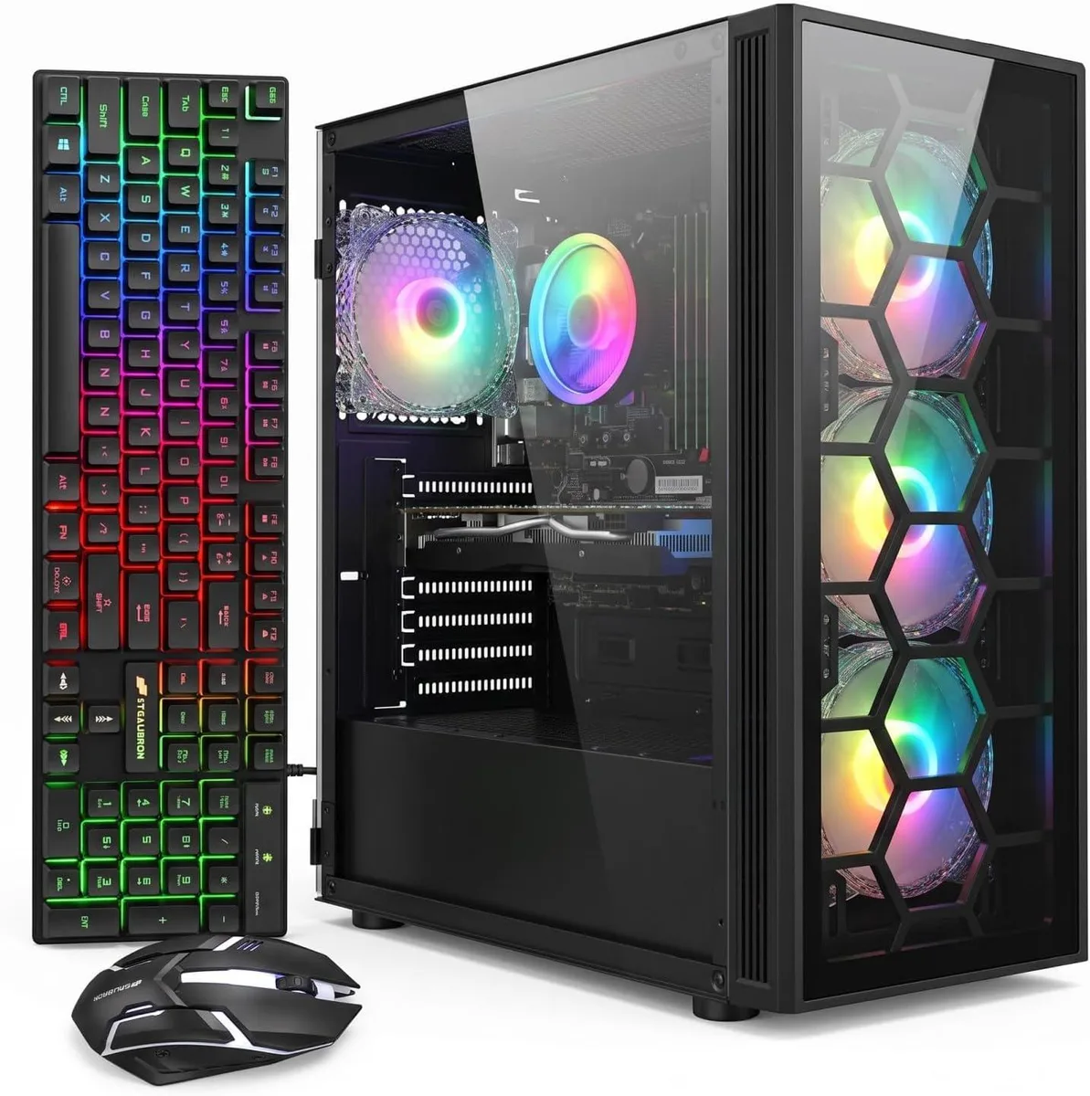 A black tower PC with four RGB fans visible through a glass side panel