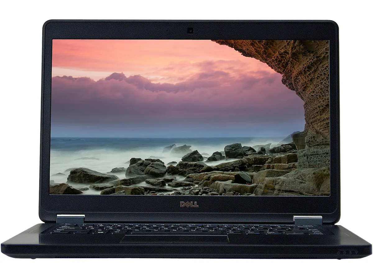 Refurbished silver 14 inch Dell Latitude E5450 laptop showing lid scuffs and keyboard wear