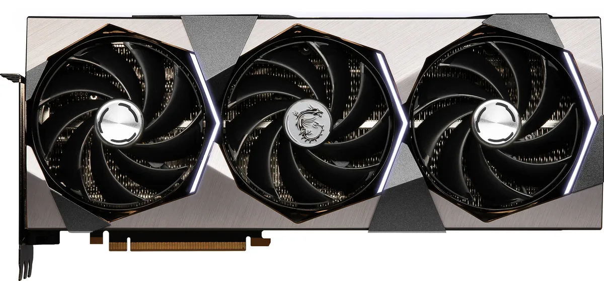 Large graphics card with triple fans and brushed metal finish