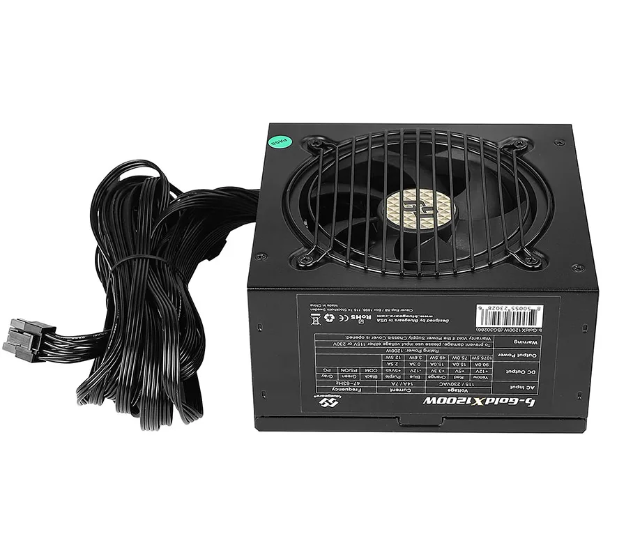 Black rectangular ATX power supply with 120mm fan and modular cable sockets