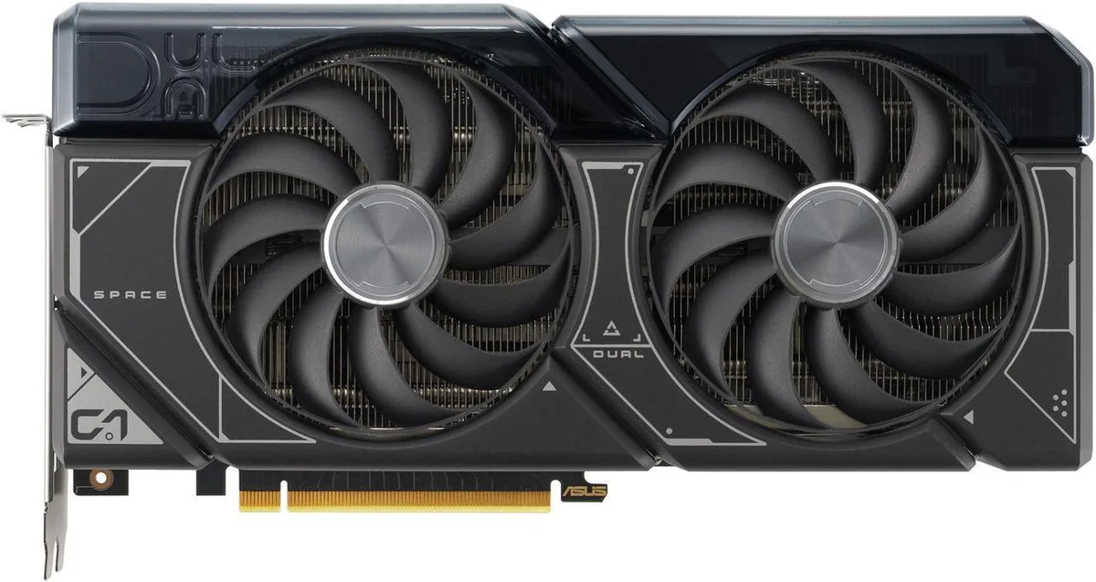 ASUS Dual RTX 4070 Ti SUPER graphics card with three axial fans and silver shroud