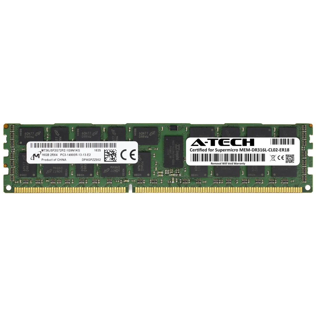 Green PCB memory module with gold edge connectors and black DRAM chips