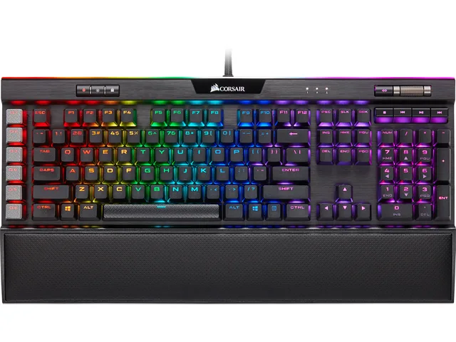 Black full-size mechanical gaming keyboard with detachable cushioned palm rest and per-key RGB lighting