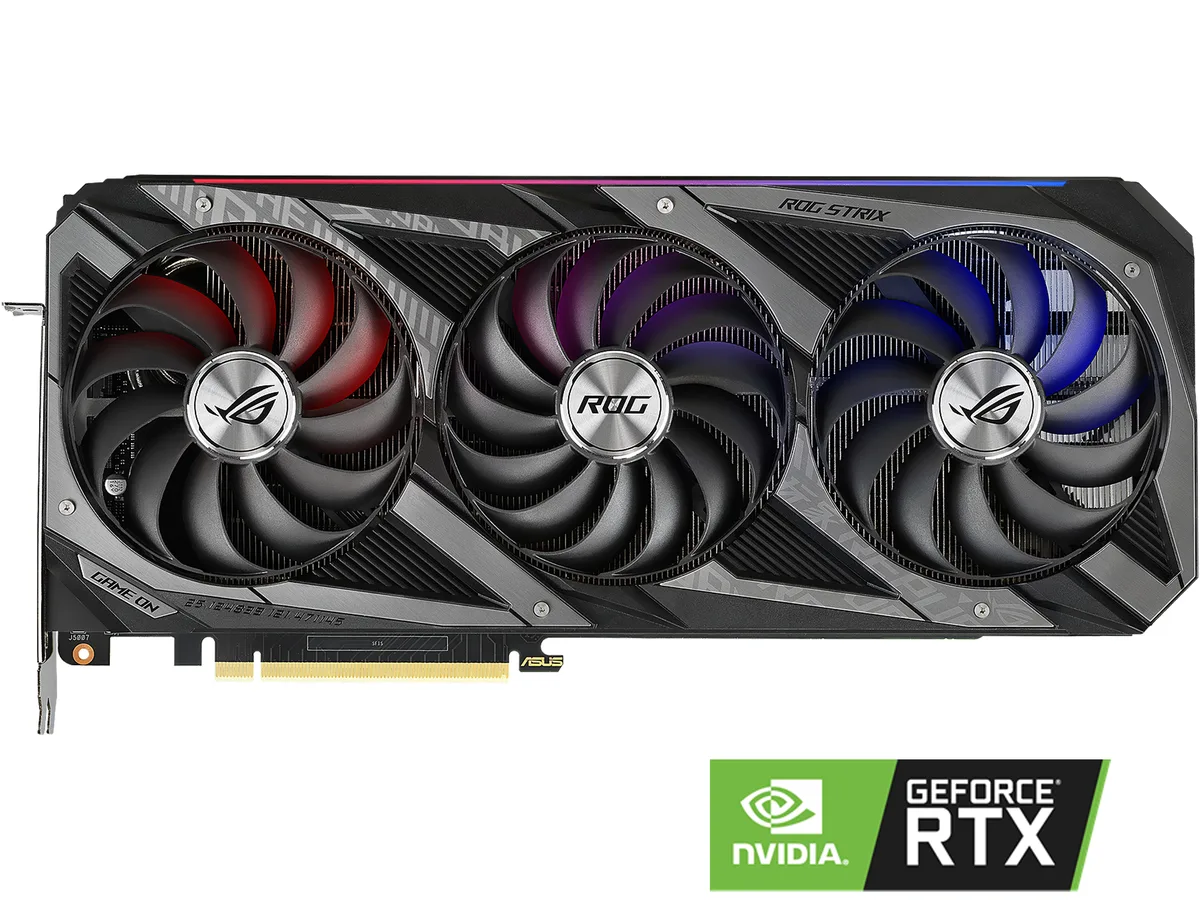 ASUS ROG STRIX GeForce RTX 3060 Ti triple-fan graphics card in dark metal finish