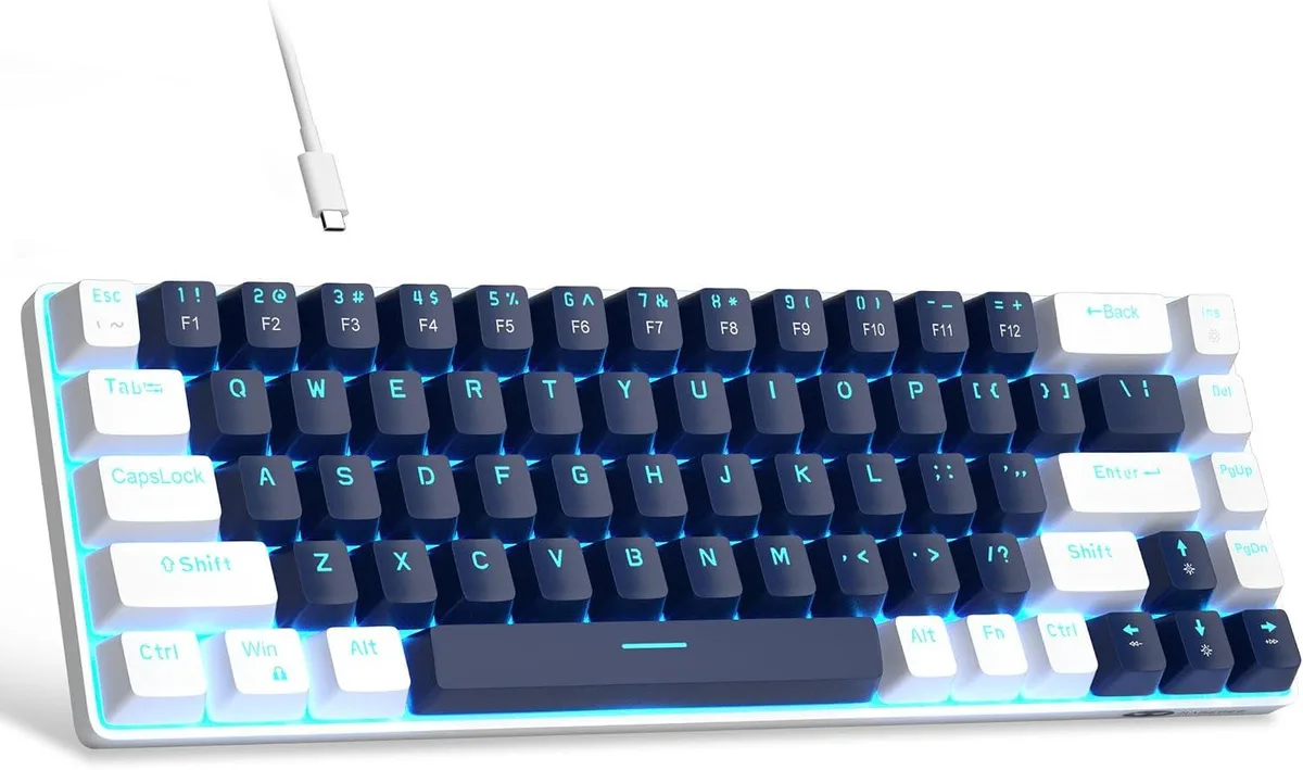 Compact 68-key mechanical keyboard in blue and white with blue LED backlighting