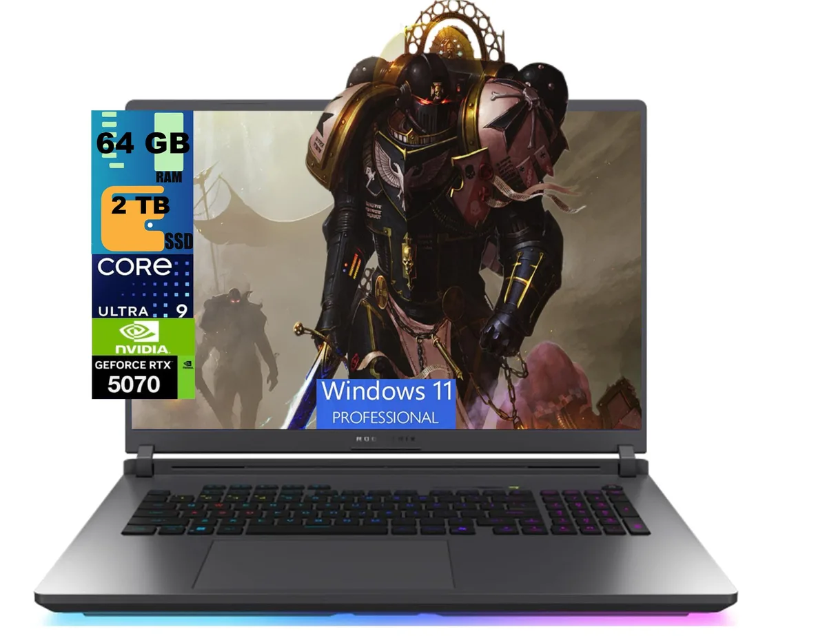 Black 18-inch gaming laptop with thin bezels and RGB keyboard