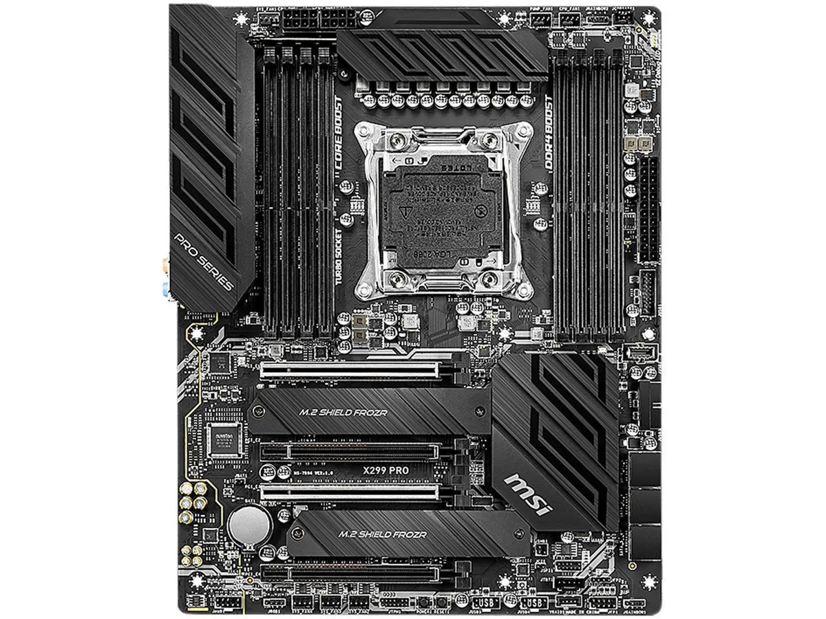 Green ATX motherboard with silver heatsinks, eight DDR4 slots, four PCIe 3.0 x16 slots, LGA 2066 socket, six SATA ports