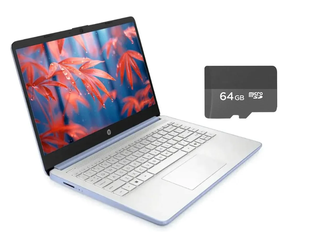 Sky blue 14 inch laptop, thin profile, non-backlit keyboard, HD webcam visible